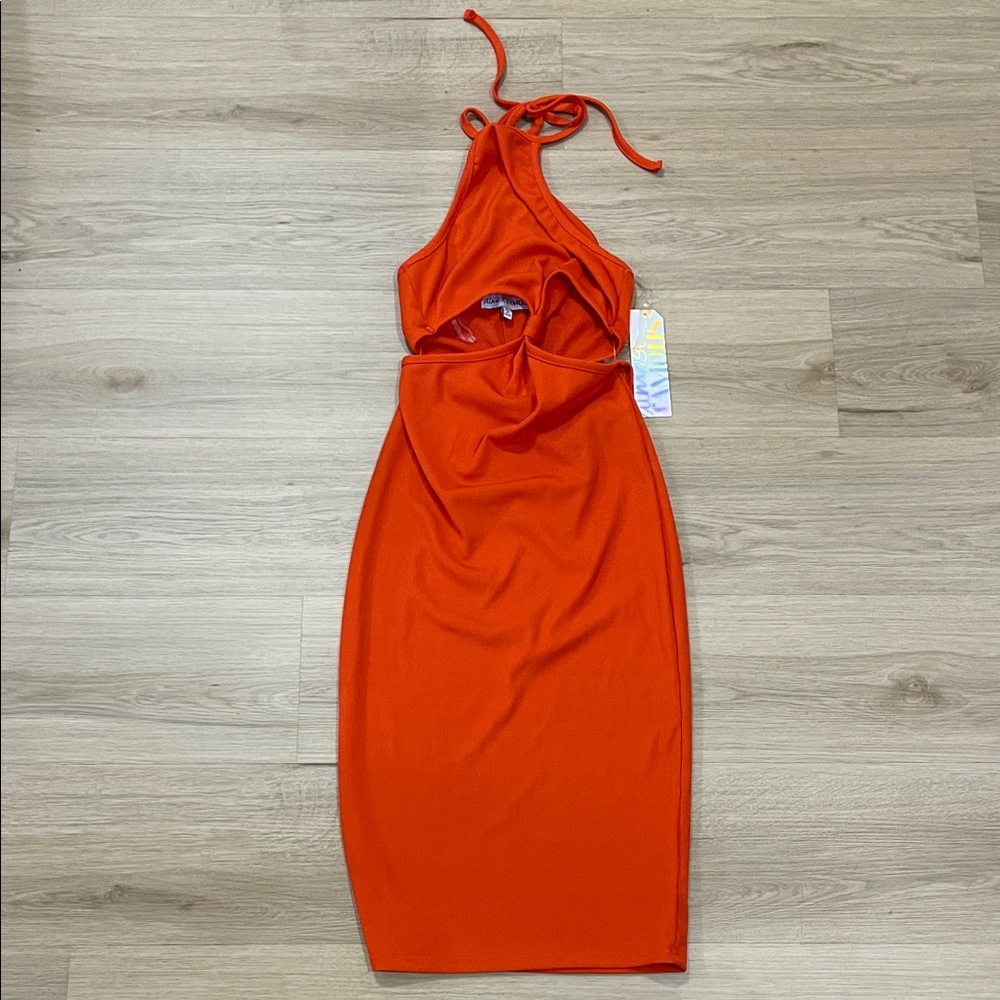 Mou Bold Orange Backless Halter Dress